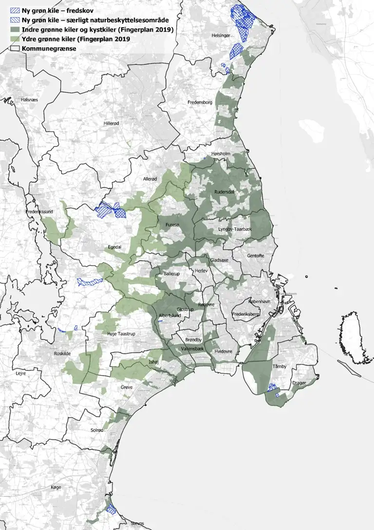 Illustrationen viser, at de gr&oslash;nne kiler i hovedstadsomr&aring;det udvides omkring kommunerne Helsing&oslash;r, Egedal/Aller&oslash;d, Roskilde samt T&aring;rnby/Drag&oslash;r.